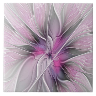 Carreau Fractal Floral Moderne Abstrait Fleur Rose Gris