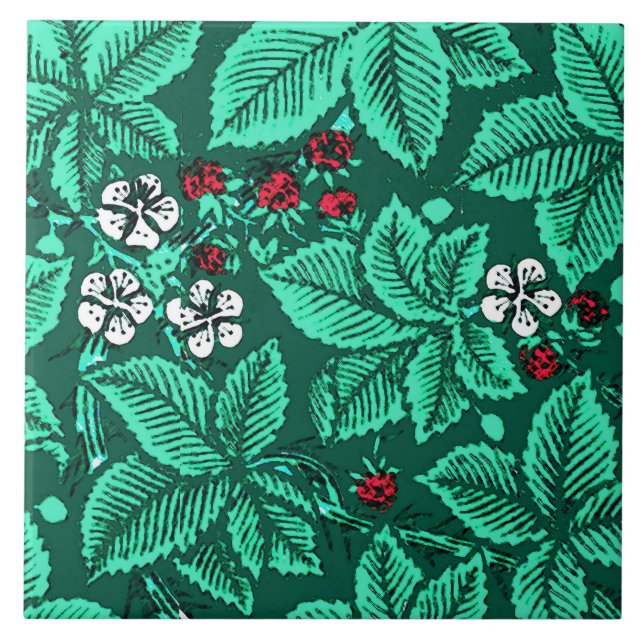 Carreau Fraises de Nouveau d'art et feuille, turquoise (Devant)