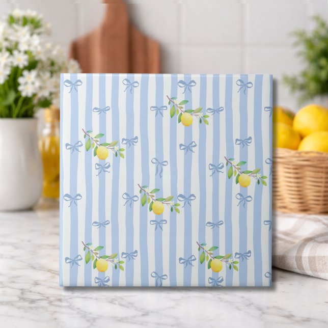 Carreau French Country Lemon  – Blue Stripe Bow (Créateur téléchargé)
