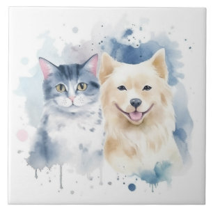 Carreau Friends Forever - Chien et Chat Watercolor Art