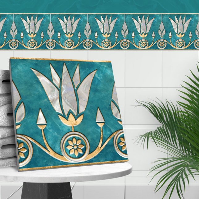 Carreau Frontière du Lotus égyptien - Perle et or Turquois (Créateur téléchargé)