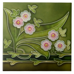 Carreau Frontière verte rose florale de Repro, antiquité