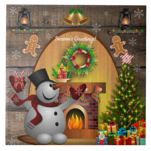 Carreau Frosté Le sapin de Noël de la cheminée de Snowman