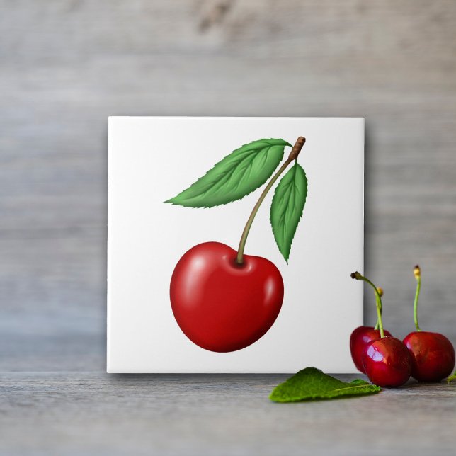 Carreau Fruit cerise rouge (Cherry Ceramic Tiles, use for kitchen backsplash, walls or order with optional frame for decor.)