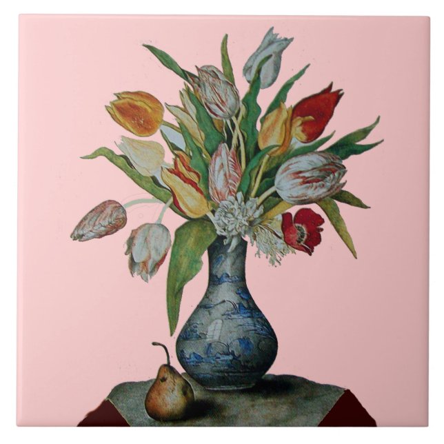 CARREAU FRUITS DE SAISON / TULIPES EN VASE ET POIRE (Devant)