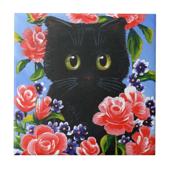 Carreau Funny Chat Noir Roses Rouges Fleurs (Devant)