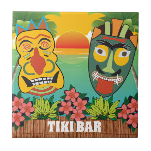 Carreau Funny Tiki Visages avec coucher de soleil tropical