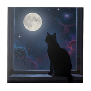Carreau Galaxie de la pleine lune de la fenêtre de chat no