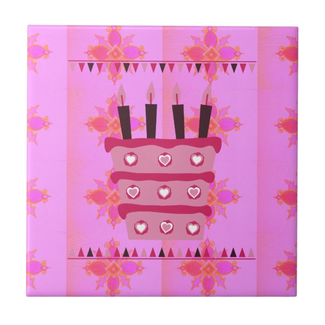 Carreau Gâteau d'anniversaire floral pour elle / Filles Ar (Devant)