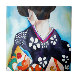 Carreau Geisha avec kimono bleu foncé peinture d'art origi