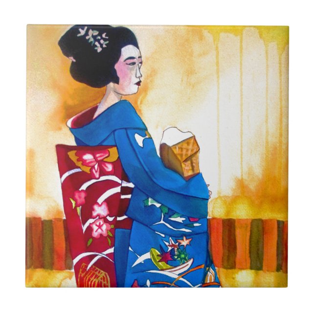 Carreau Geisha japonais avec le kimono bleu (Devant)