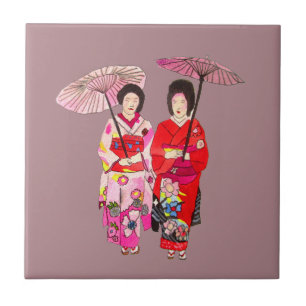 Carreau Geisha mignon japonais avec le kimono rose
