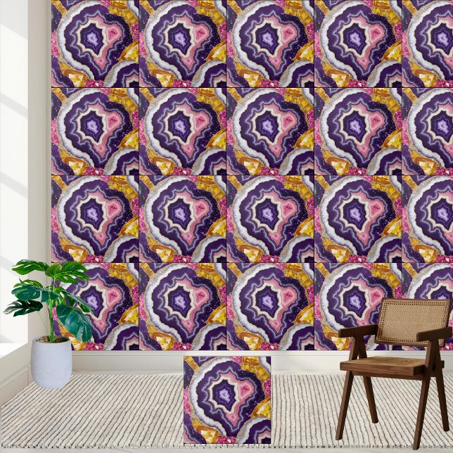 Carreau Géode de cristal de quartz rose pourpre or Amethys (Purple Gold Pink Quartz Crystal Amethyst Geode Ceramic Tile)
