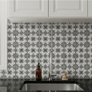 Carreau géométrique baroque orné noir et blanc