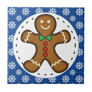 Carreau Gingerbread Man on Blue White Snowflakes