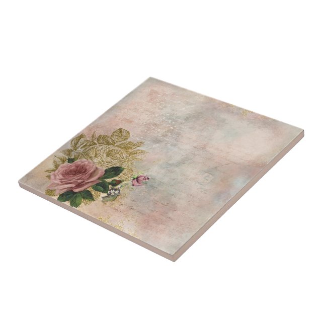 Carreau Glam Steampunk | Rose rose et or Rustique Floral (Côté)