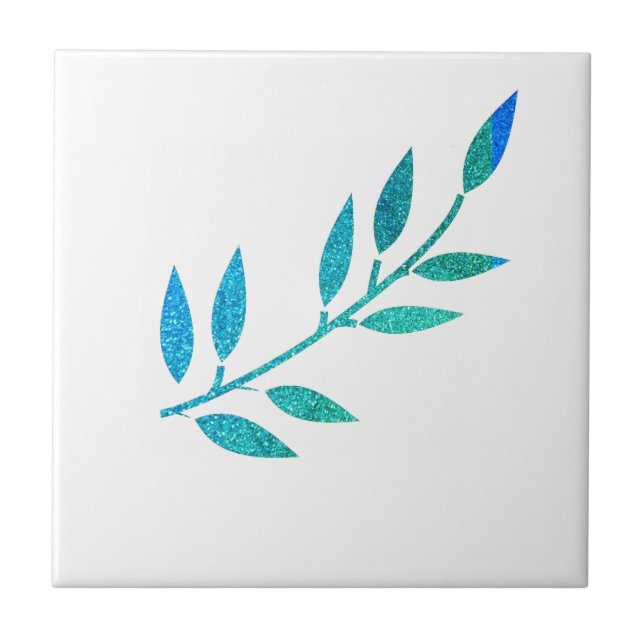 Carreau Glitterie Turquoise Feuille bleue Motif blanc Déco (Devant)