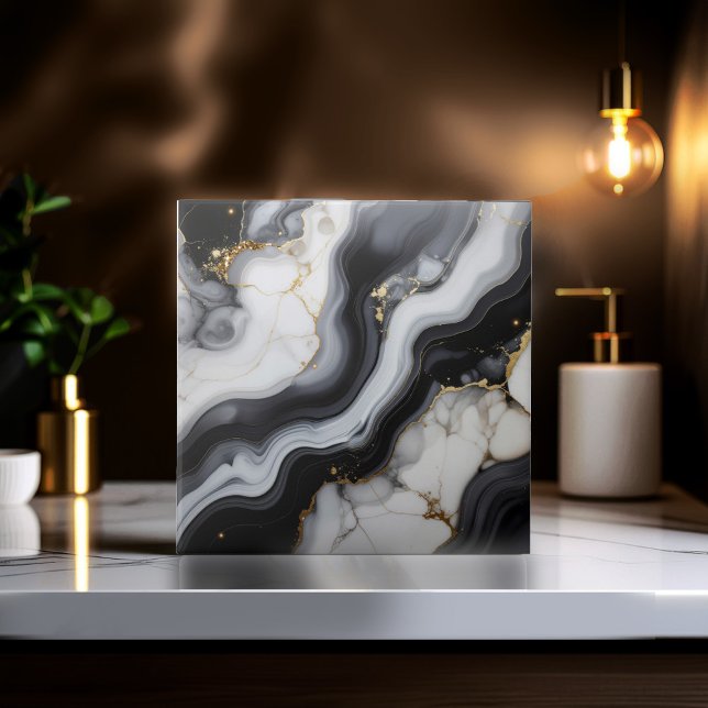 Carreau Gold Faux Glitter Veined B&W Marble ID1180a (Créateur téléchargé)