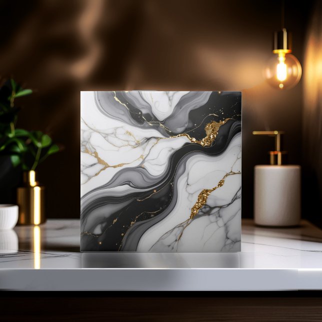 Carreau Gold Faux Glitter Veined B&W Marble ID1180c (Créateur téléchargé)