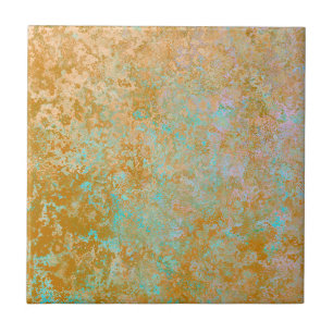 Carreau Gold & Turquoise Blue Patina Alcohol Ink Abstrait