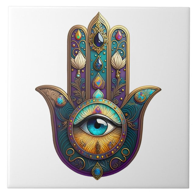 Carreau Gold Violet Teal Hamsa w/ Turquoise Third Eye (Devant)