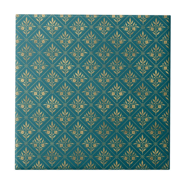 Carreau Golden Elegance - Dark Turquoise & Gold Botanical (Devant)
