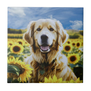 Carreau Golden Retriever dans un champ de tournesol