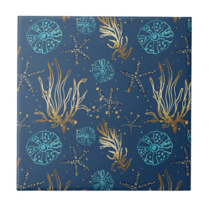 Carreau Golden Starfish & Coral Reef Motif sur Blue