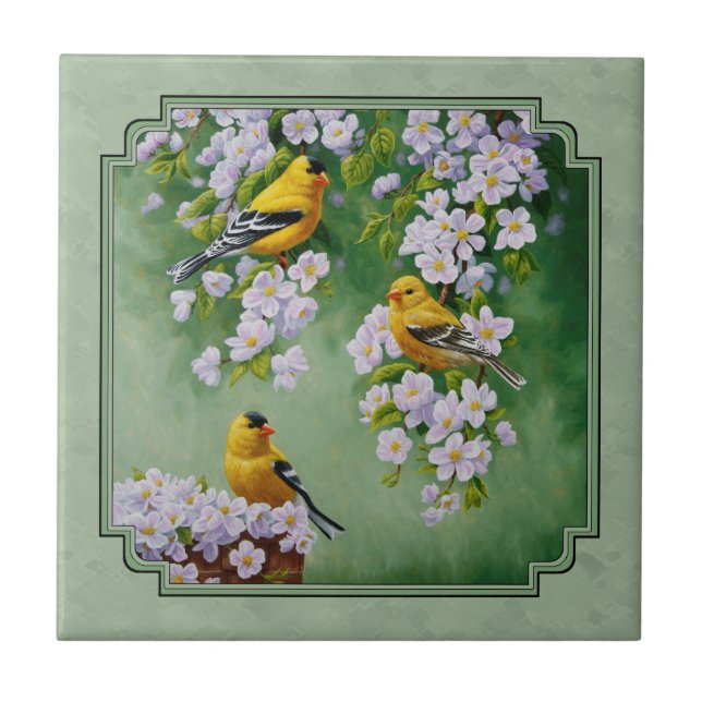Carreau Goldfinch Birds and Flowers Green (Devant)
