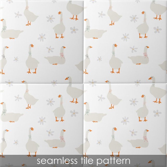 Carreau Goose et marguerites à main mignonne Salle de bain (Cute Hand Drawn Goose & Daisies Kids Bathroom Ceramic Tile)
