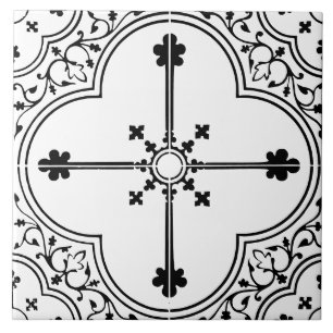 Carreau Gothique noir et blanc Trèfle Croix Vintage Antiqu