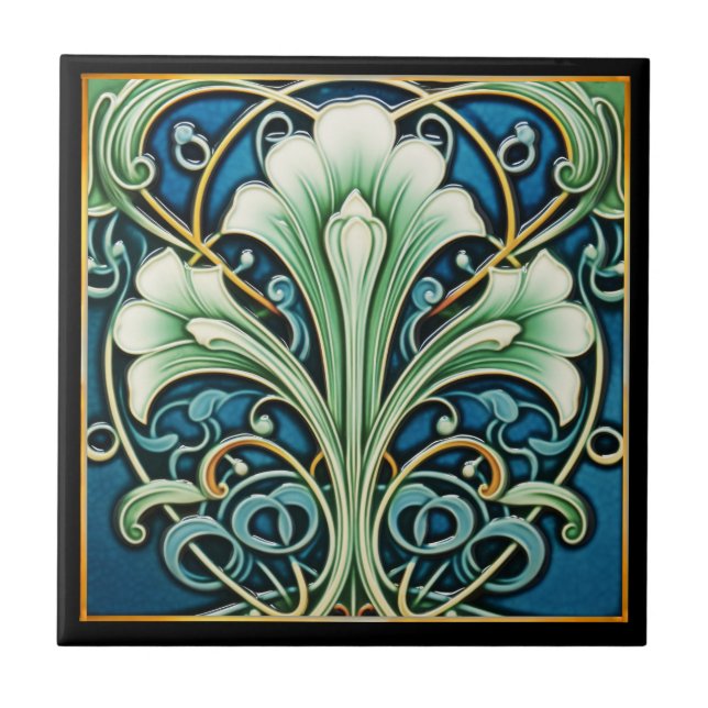 Carreau Gracité bleu Fan Fleur Art Déco Carrelage en céram (Devant)