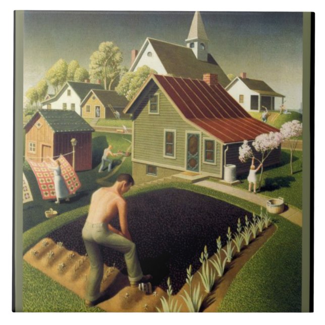 Carreau Grant Wood - Printemps en ville, célèbre peinture, (Devant)