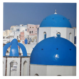 Carreau Grèce, Santorin. Tour Bell et dômes bleus de