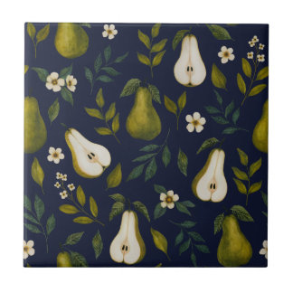 Carreau Green Pear Watercolor Pattern on Dark Blue 