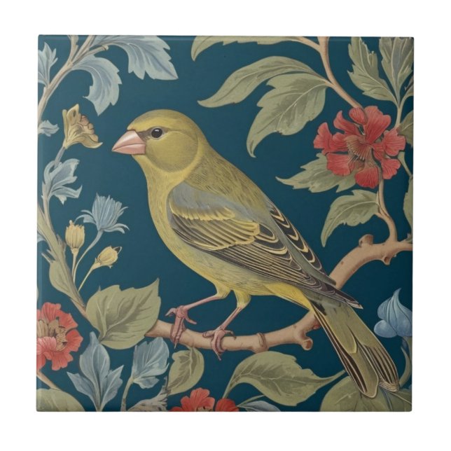 Carreau Greenfinch William Morris style L Green Finch Bird (Devant)