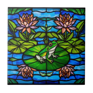 Carreau Grenouille verte et fleurs de nénuphar en vitrail