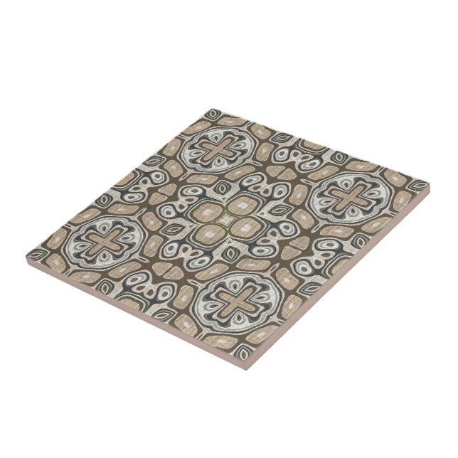Carreau Grey Taupe Ochre Brown Beige Ethnic Tribu Art (Côté)