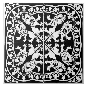 Carreau Griffon Wyvern Créature Médiévale Noir Blanc Antiq