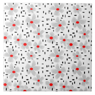 Carreau gris avec des fleurs rouges sur fond blanc rétro