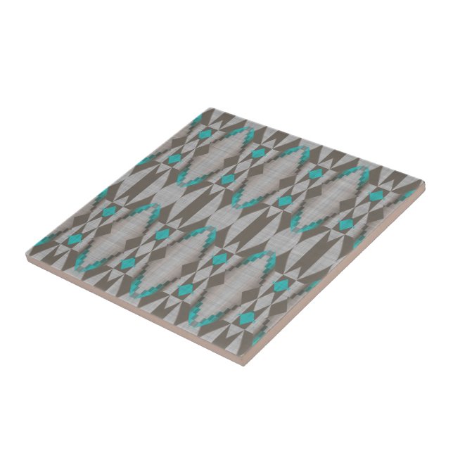 Carreau Gris Brown Turquoise Bleu Vert Ethnic Tribe Art (Côté)
