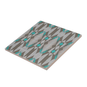 Carreau Gris Brown Turquoise Bleu Vert Ethnic Tribe Art