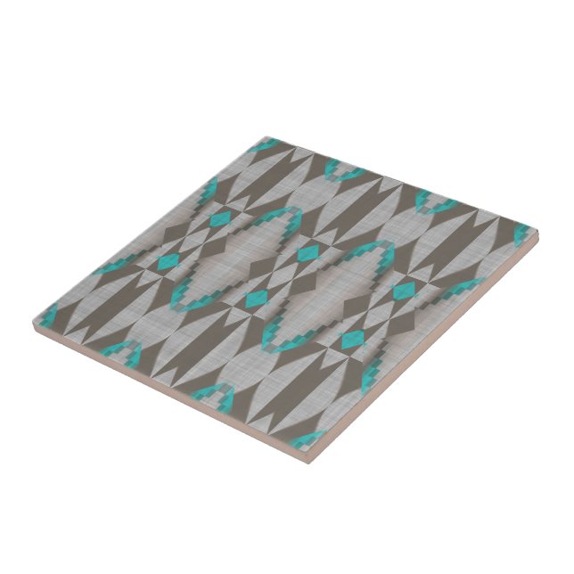 Carreau Gris Brown Turquoise Bleu Vert Ethnic Tribe Art (Côté)