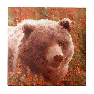 Carreau Grizzly Bear Cub dans Fireweed Peinture Art de la 