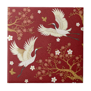 Carreau Grue couronnée rouge motif Sakura (1)