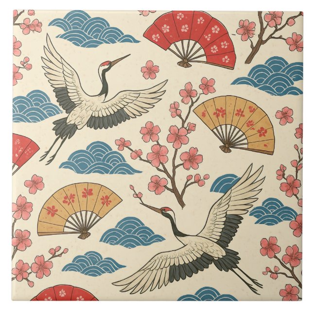 Carreau Grue japonaise motif Sakura traditionnel japonais (Devant)