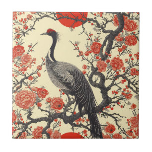 Carreau Grue oriental et pivoine - Art asiatique tradition