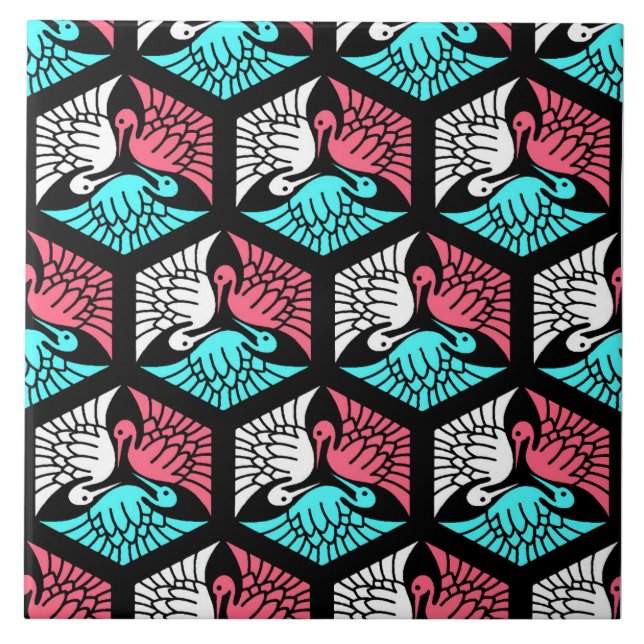 Carreau Grues japonaises, corail, turquoise et noir (Devant)