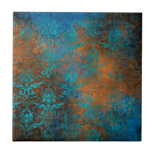 Carreau Grunge Brown Blue Floral Motif décoratif