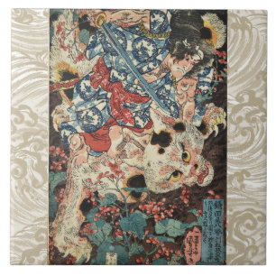 Carreau GUERRIÈRE JAPONAISE TUANT UN CHAT MONSTREUX Ukiyoe